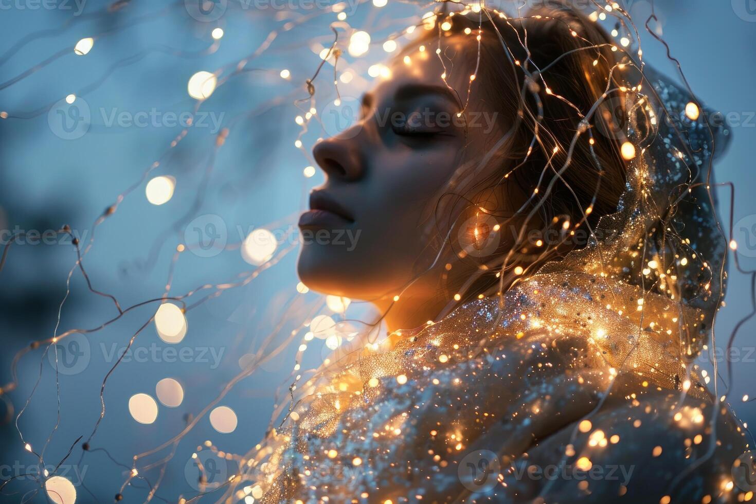 Dreamy portrait of woman enveloped in fairy lights photo
