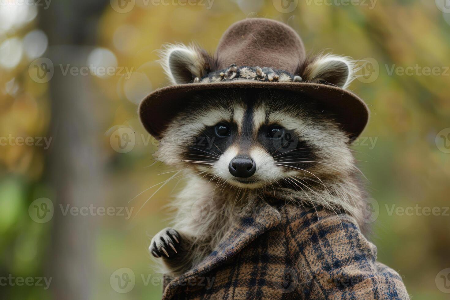 Stylish raccoon in vintage hat and jacket photo