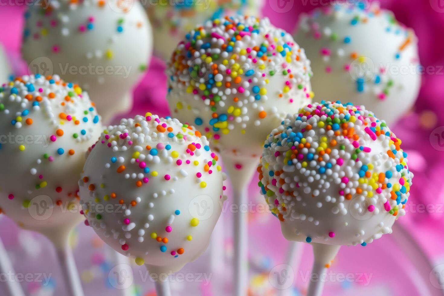 Colorful sprinkled cake pops on pink background photo