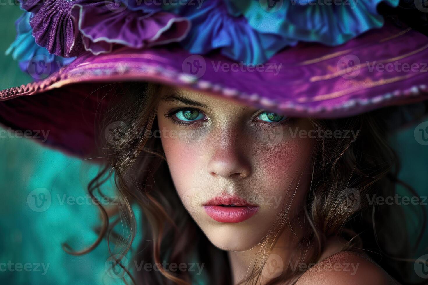 Enigmatic beauty in colorful hat photo