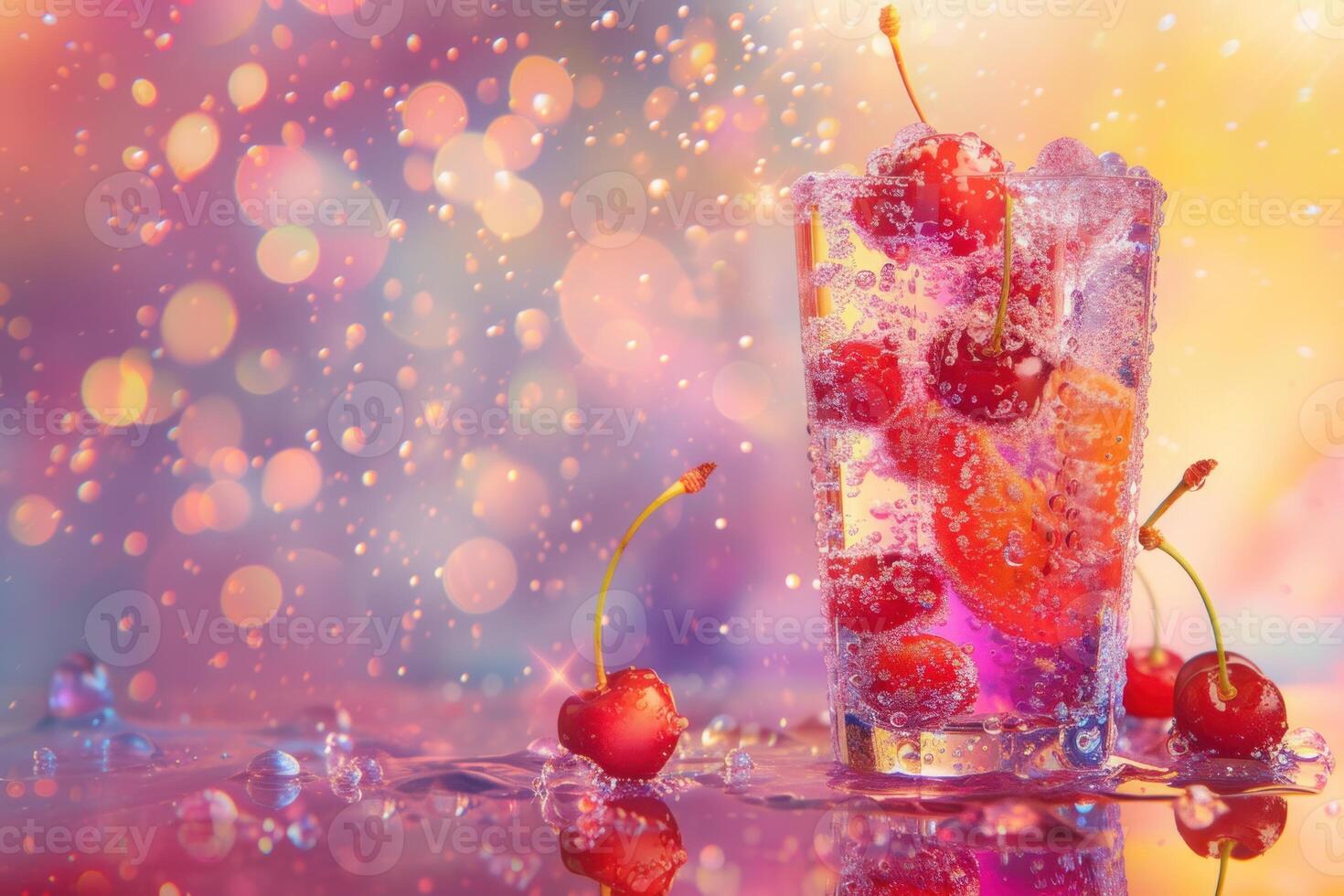Sparkling cherry cocktail on vivid background photo