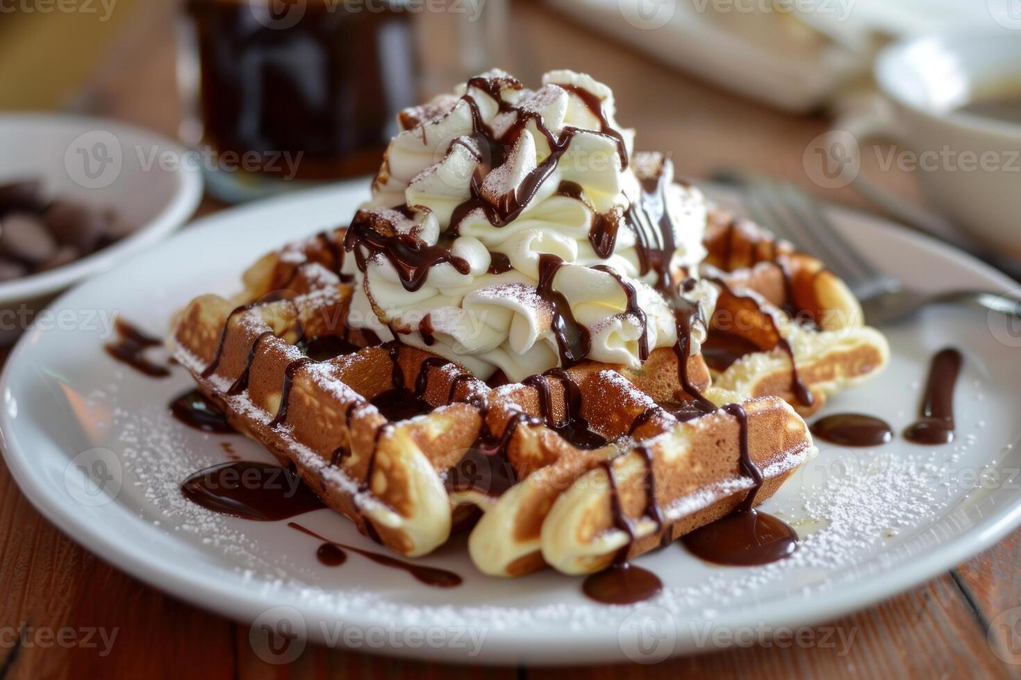 Decadent belgian waffles with whipped cream and chocolate sauce photo