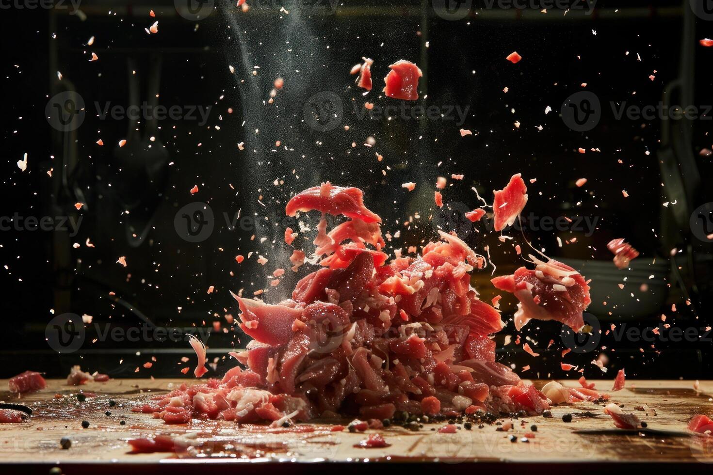 Dynamic meat explosion on dark background photo