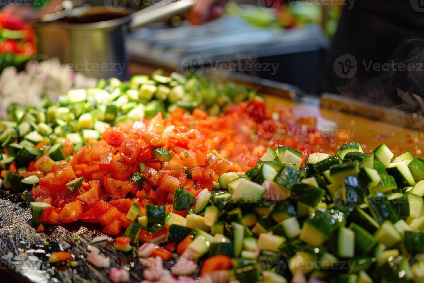 Fresh cut vegetables on display at market stall photo