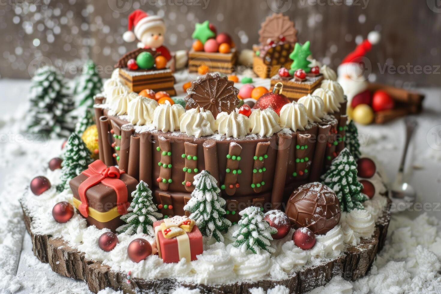 Festive christmas chocolate cake with winter decorations photo