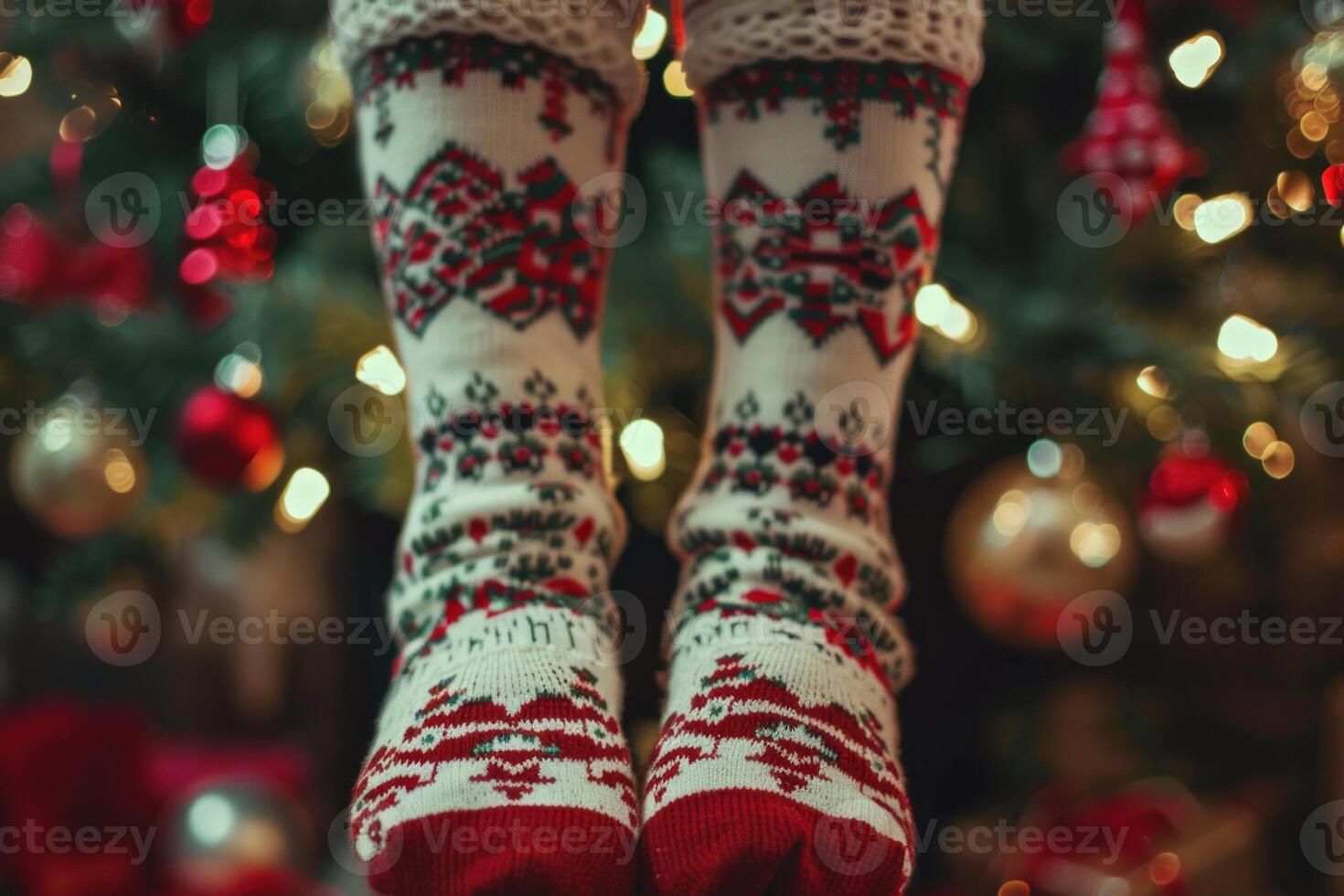 Cozy christmas socks with festive background photo