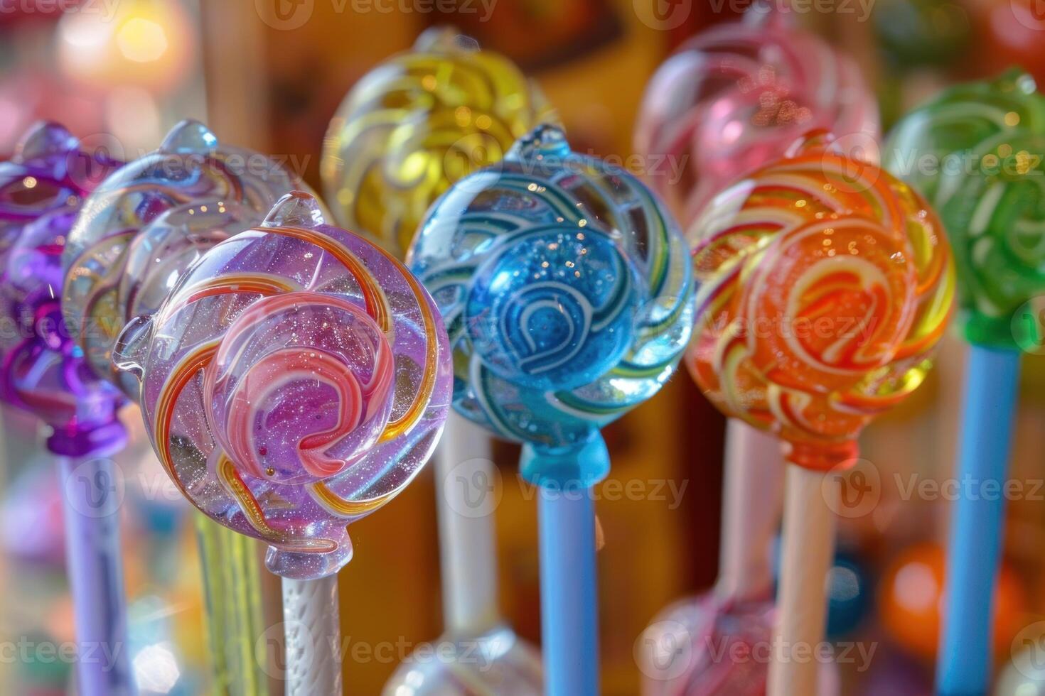 Colorful swirl lollipops in candy shop display photo