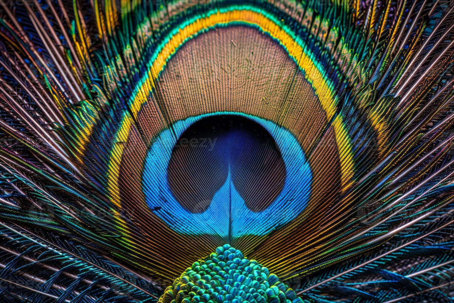 Macro shot showcasing the intricate patterns and vivid colors of a peacock feather photo