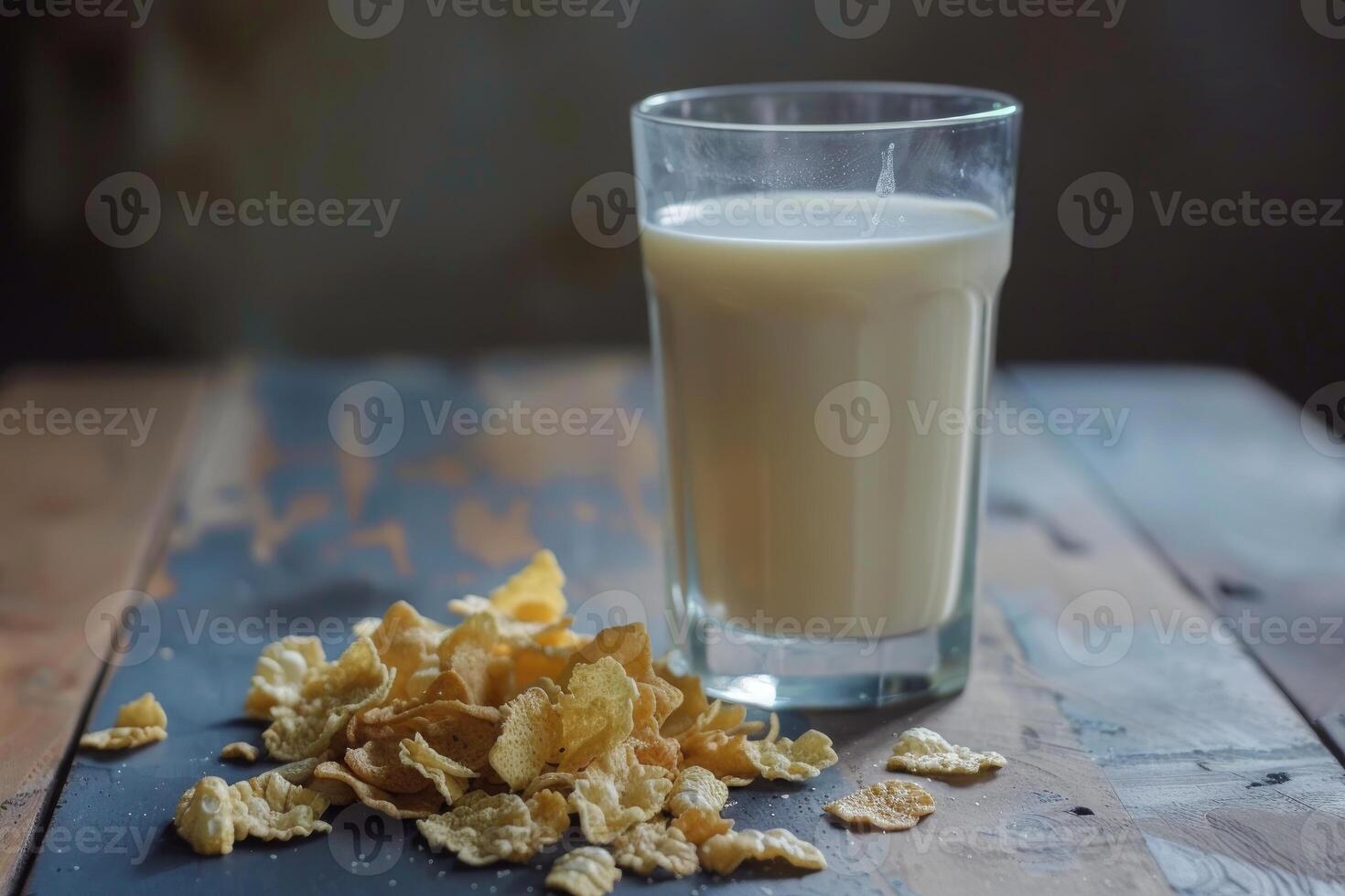 Fresh milk in glass with scattered cereal flakes photo