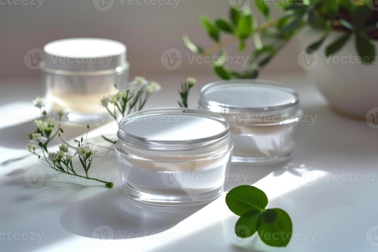 Natural skincare creams with greenery photo