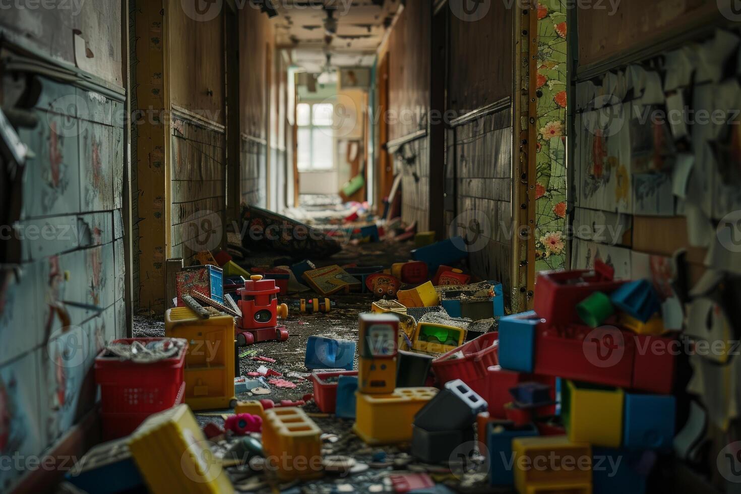 Abandoned kindergarten hallway with scattered toys photo