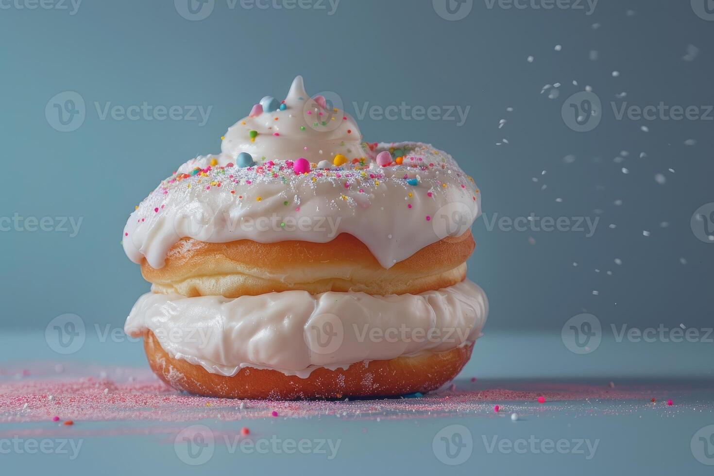 Delectable frosted donut with sprinkles on blue background photo