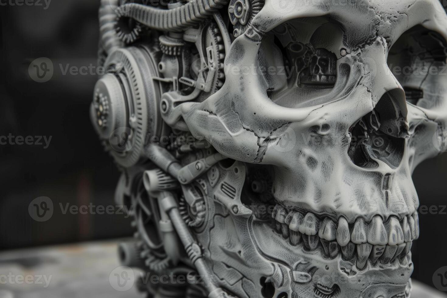 Closeup of an artistic sculpture combining human skull with mechanical elements photo