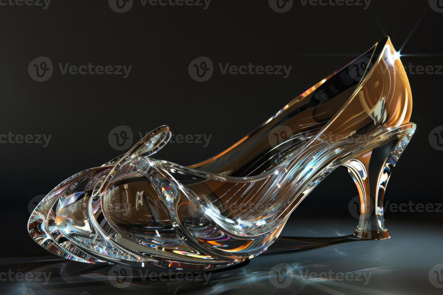 Elegant glass slipper on dark backdrop photo