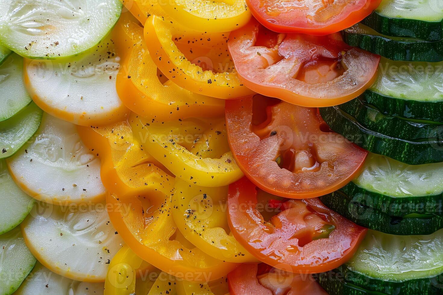 Vibrant, colorful pattern of freshly sliced tomatoes, bell peppers, and cucumbers with herbs photo