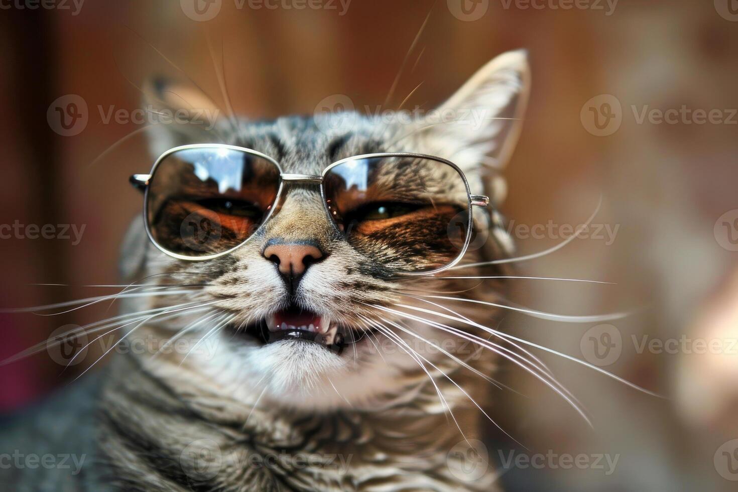 Stylish tabby cat with a sassy expression sports a pair of reflective aviator sunglasses photo