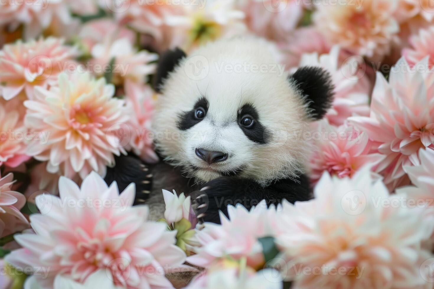 Adorable panda cub amidst blooming flowers photo