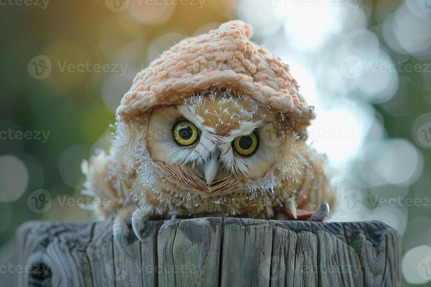 Cute owl in knitted hat perching on a wooden post photo