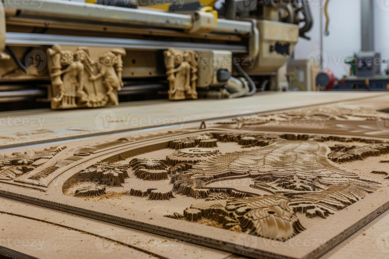 Cnc router carving artistic panel in workshop photo