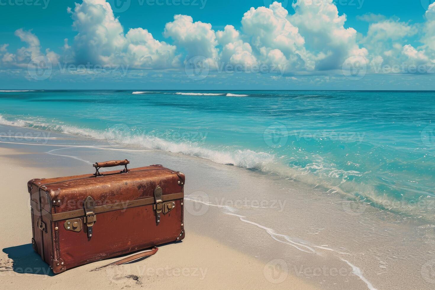 Vintage suitcase on tropical beach shoreline photo