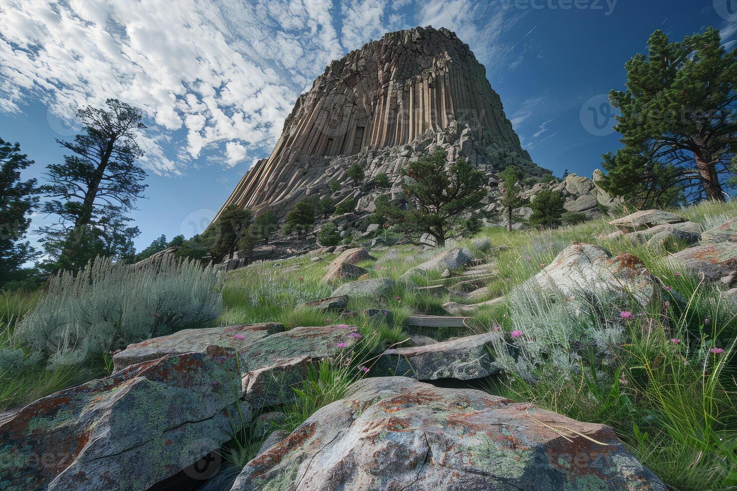 Wideangle view of devils tower national monument under a clear blue sky photo