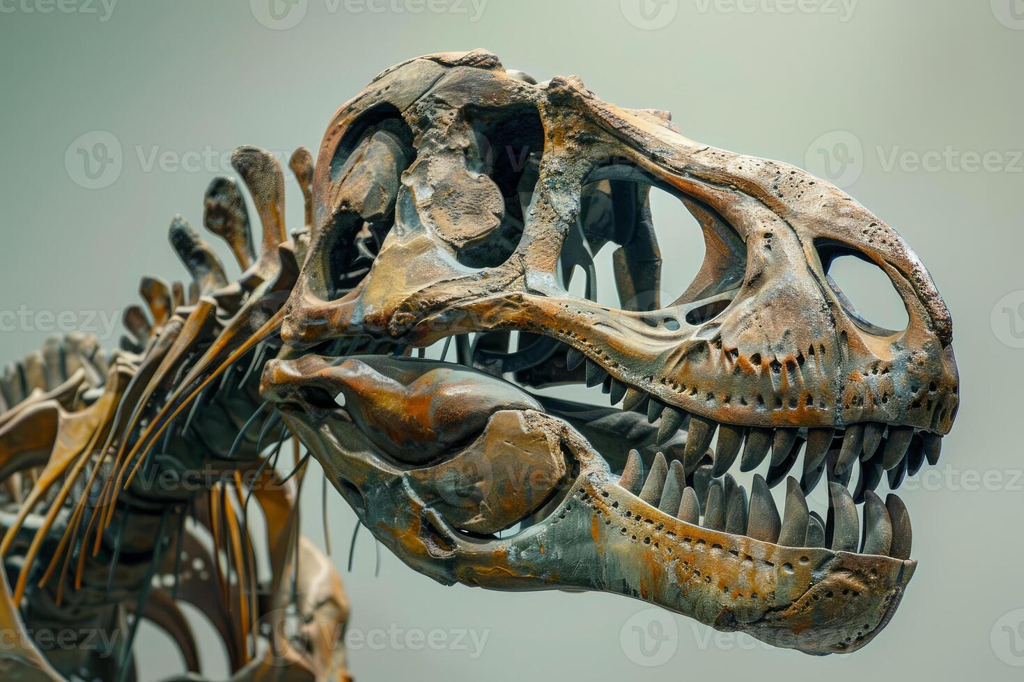 Detailed view of a tyrannosaurus rex dinosaur skull in a natural history museum photo