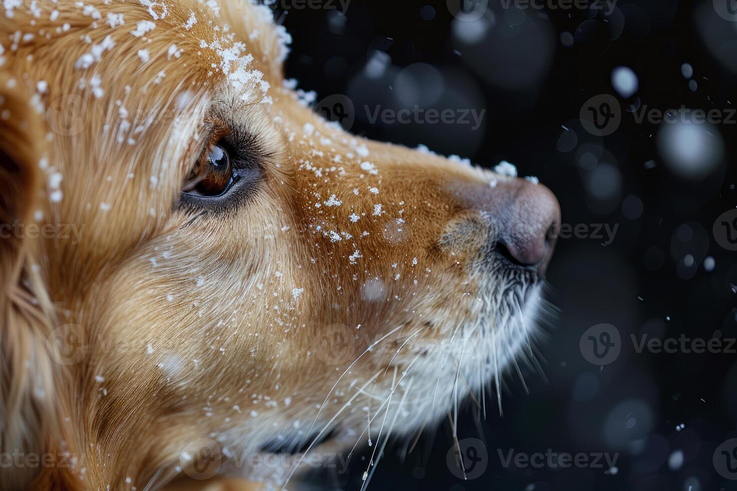 Closeup of a golden retriever with snowflakes on its fur against a dark, snowy background photo
