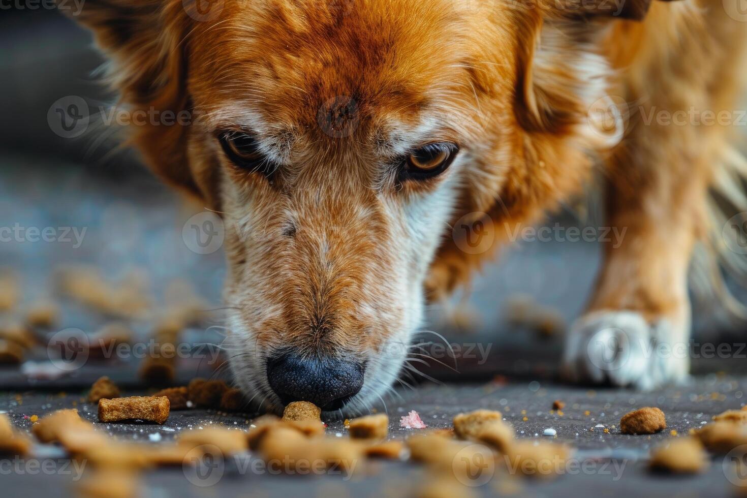 Hungry dog with scattered food on floor photo