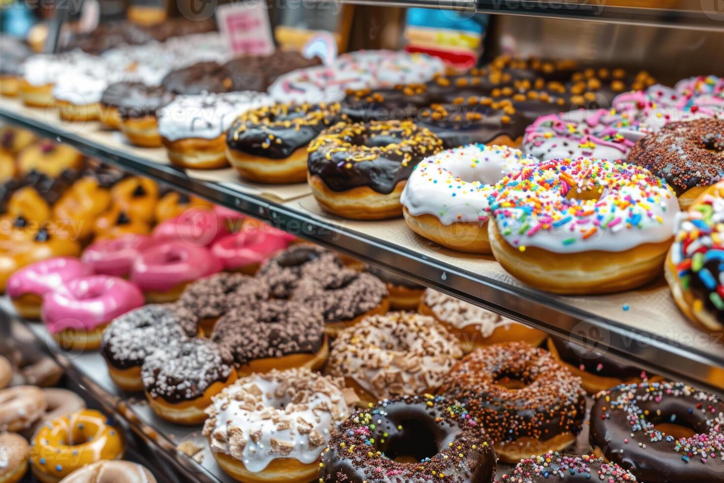 Assortment of delicious glazed doughnuts on display photo
