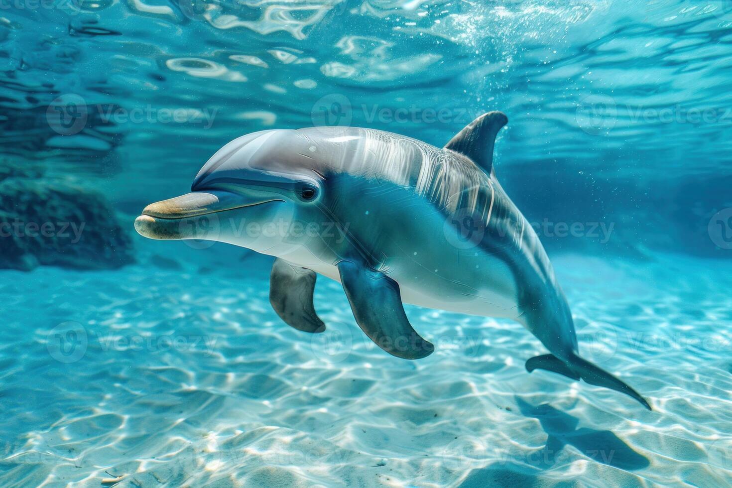 Playful dolphin swims in crystal clear waters over a sandy seabed photo