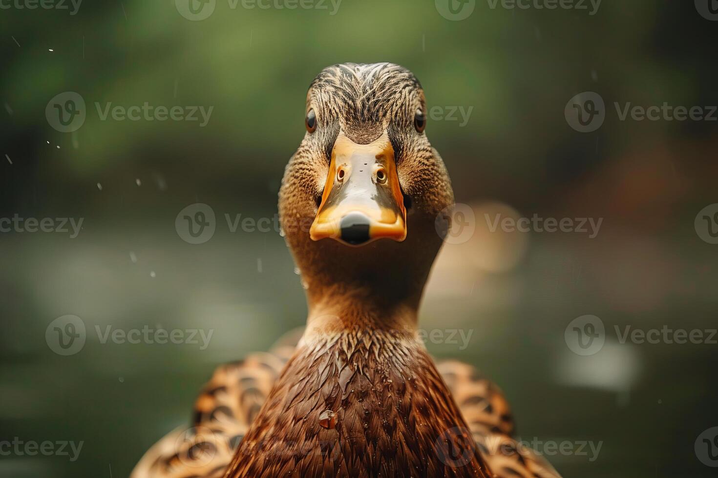 Closeup of a brown duck in rain photo