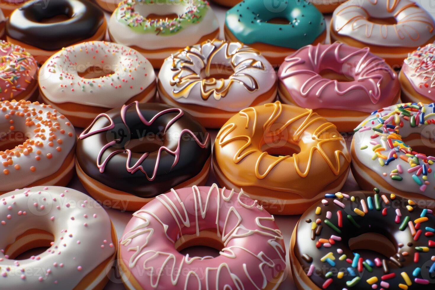 Delicious selection of glazed donuts with various toppings in a closeup shot photo