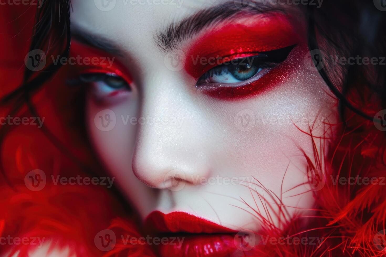 Intense red makeup and feather details photo