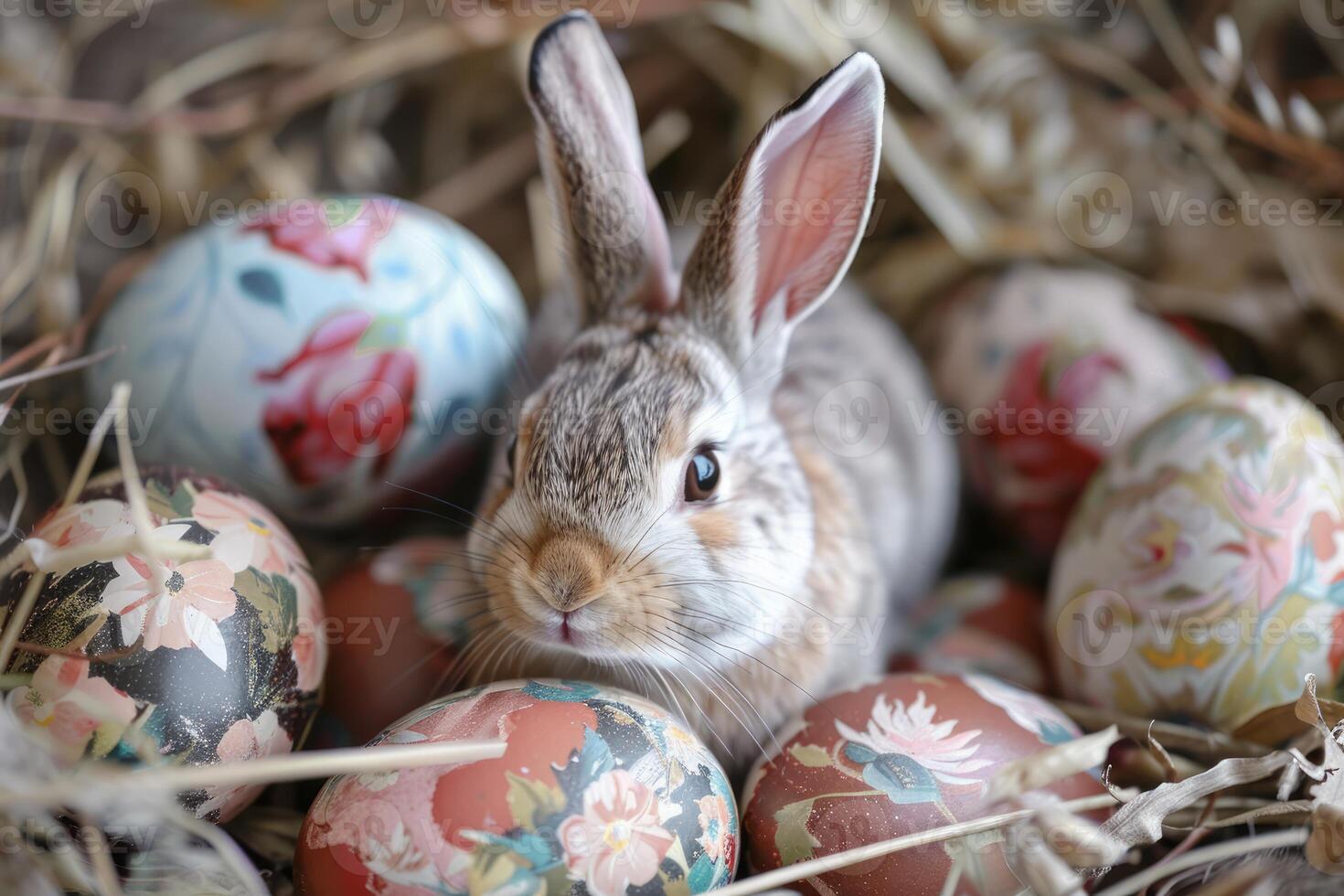Easter bunny with decorative eggs in nest photo