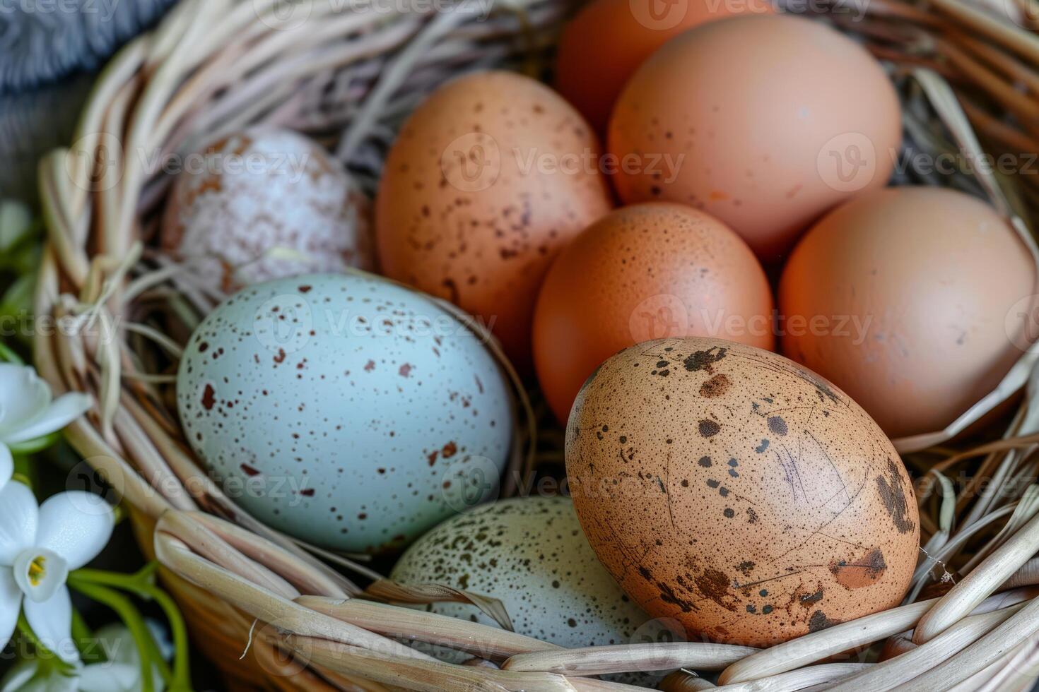 Speckled eggs in a wicker basket photo