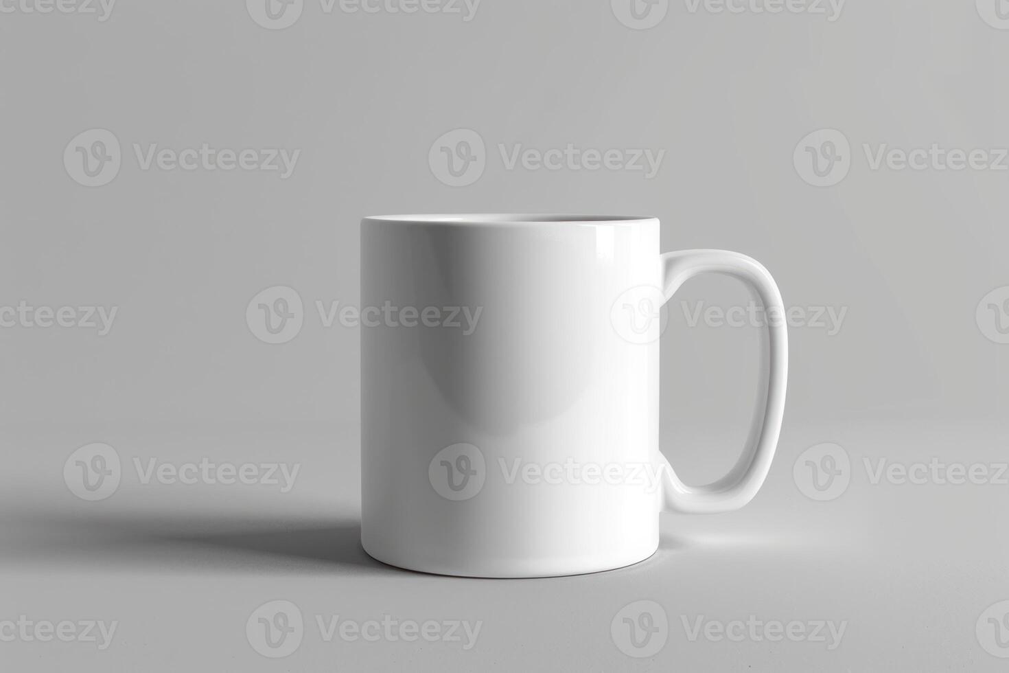 Blank white mug on gray background for mockup photo