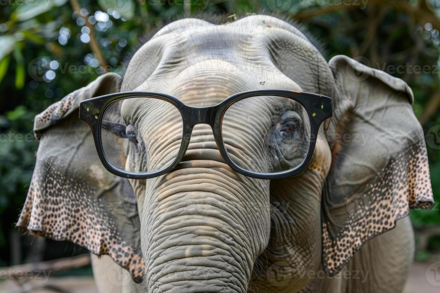 Closeup of an asian elephant with large glasses, conveying a humorous and intelligent expression photo
