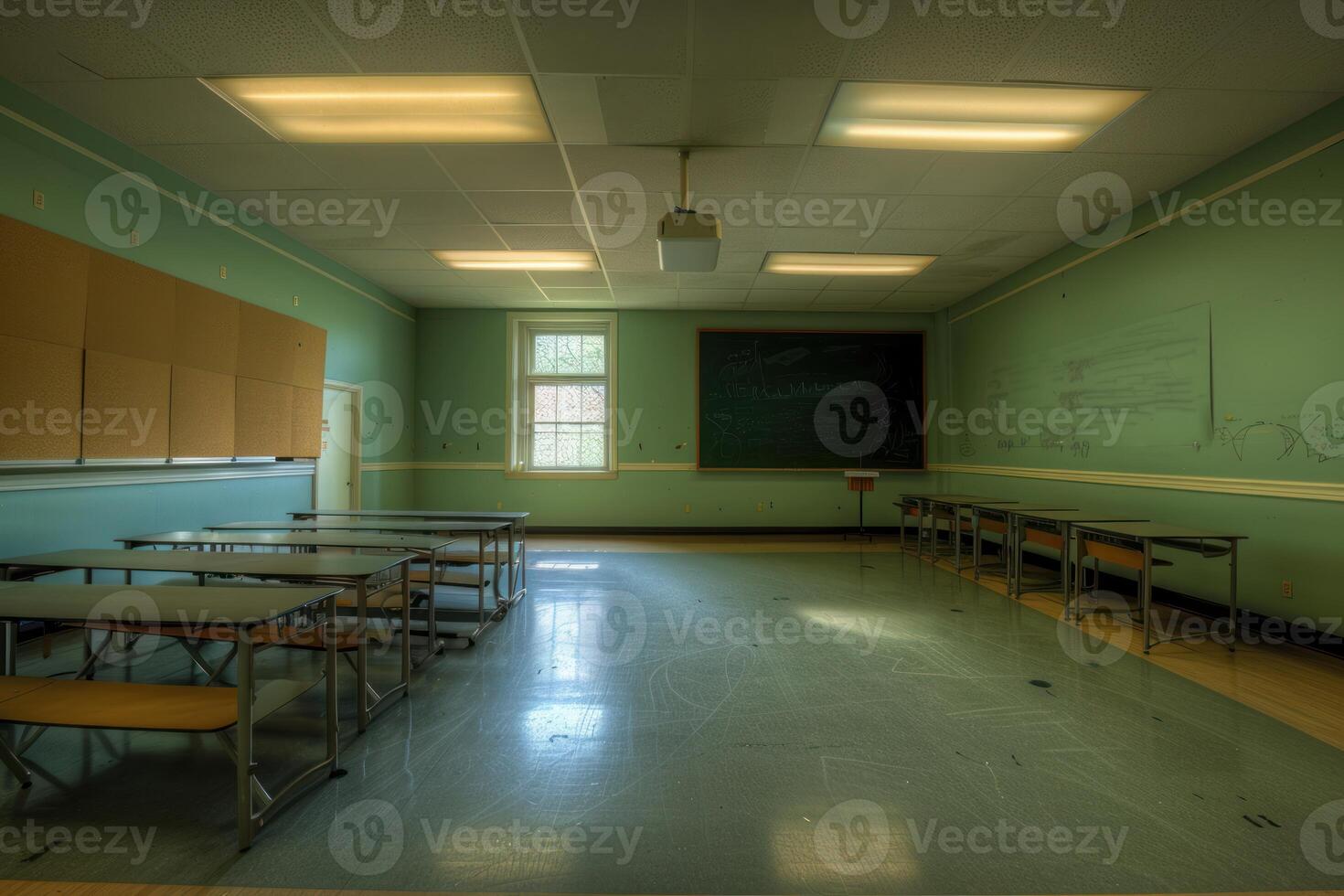 Empty classroom with chalkboard and desks photo