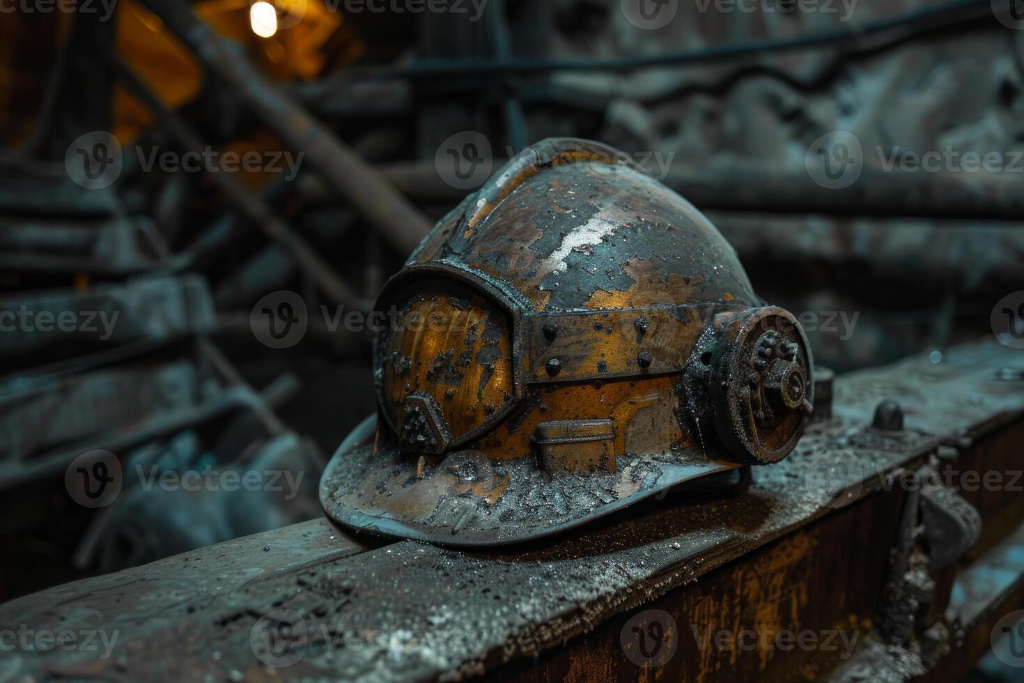 Vintage mining helmet on wood in rustic setting photo