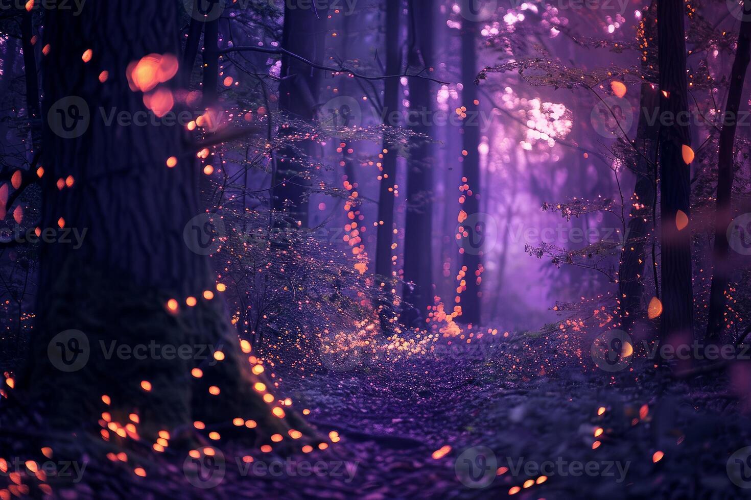 Enchanted twilight forest path with glowing lights photo