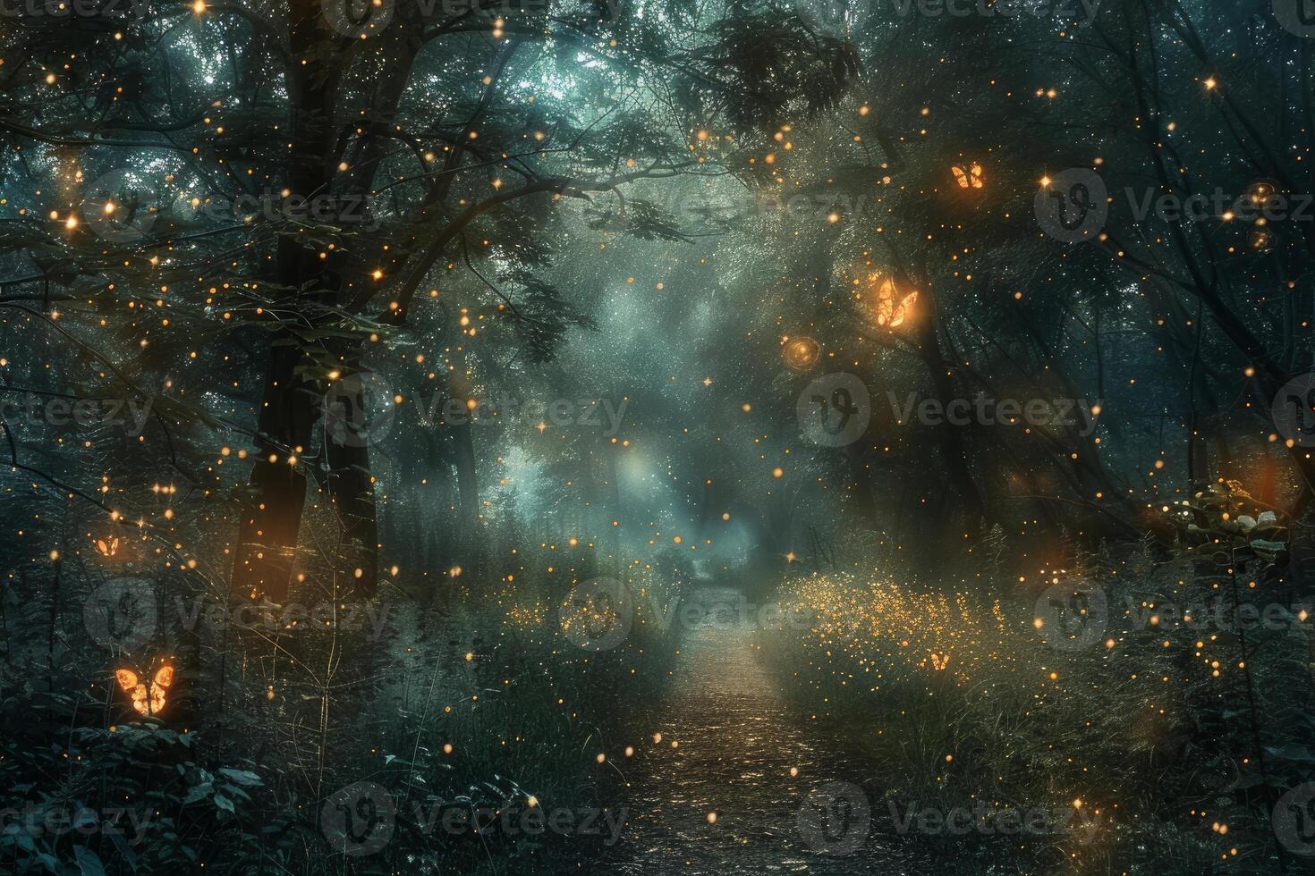 Enchanted forest path with magical fireflies photo