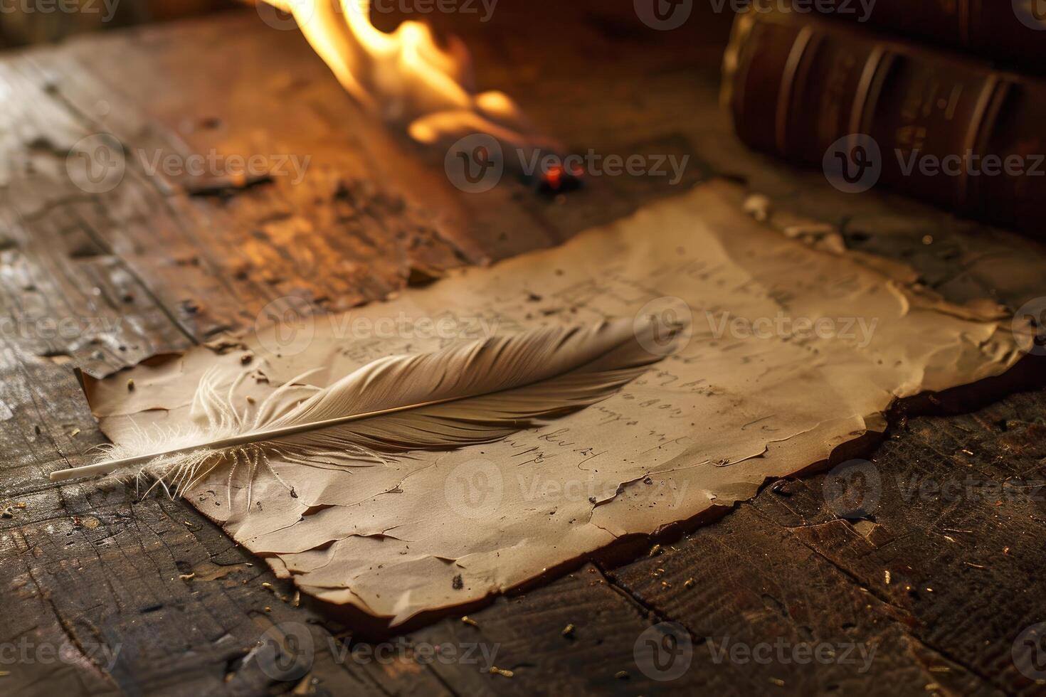 Vintage quill on aged manuscript with warm light photo