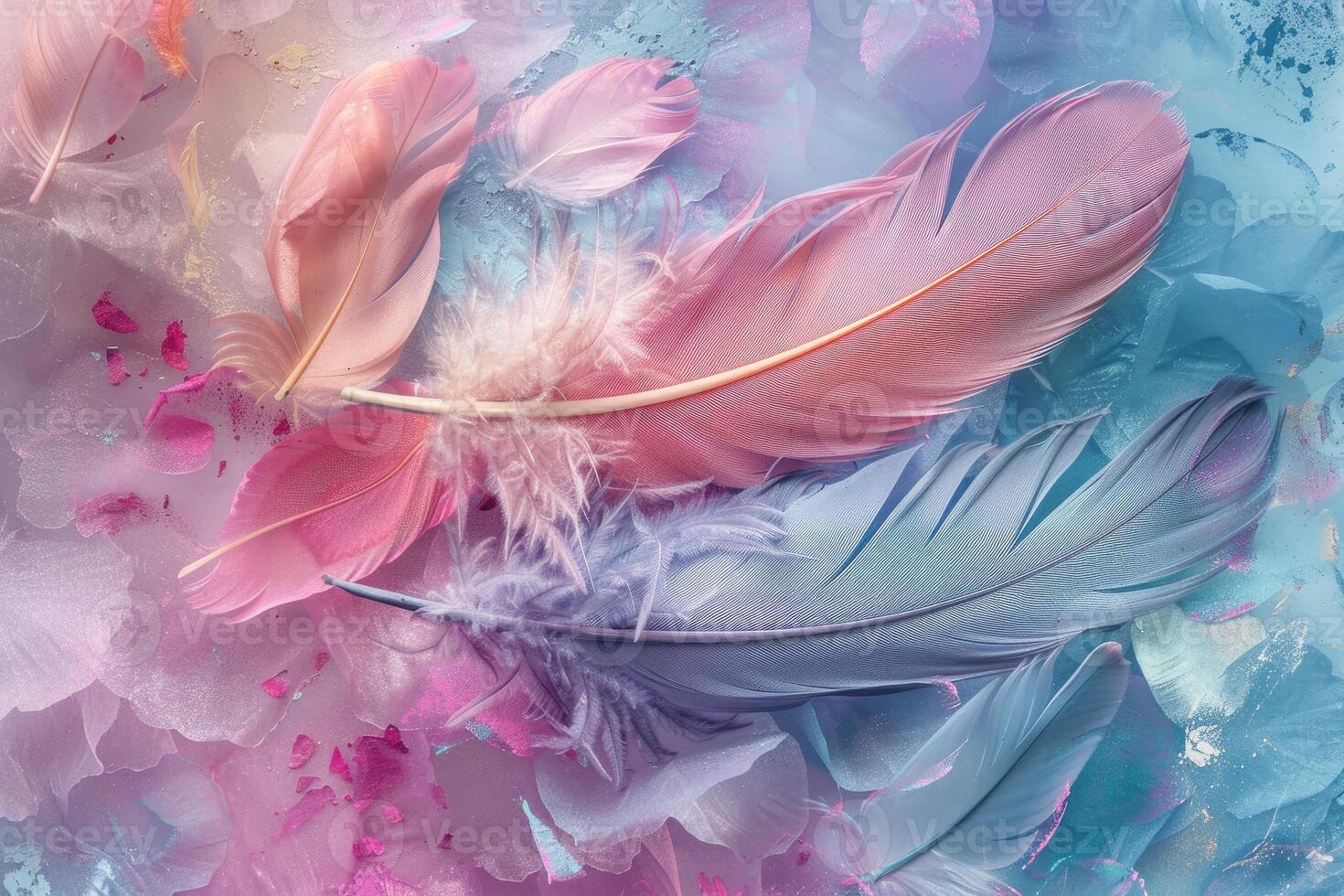 Pastel feather assortment on abstract background photo