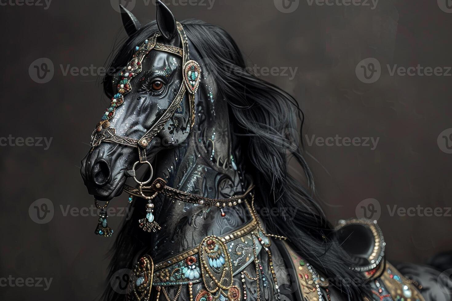 Majestic black horse adorned with ornate tack photo
