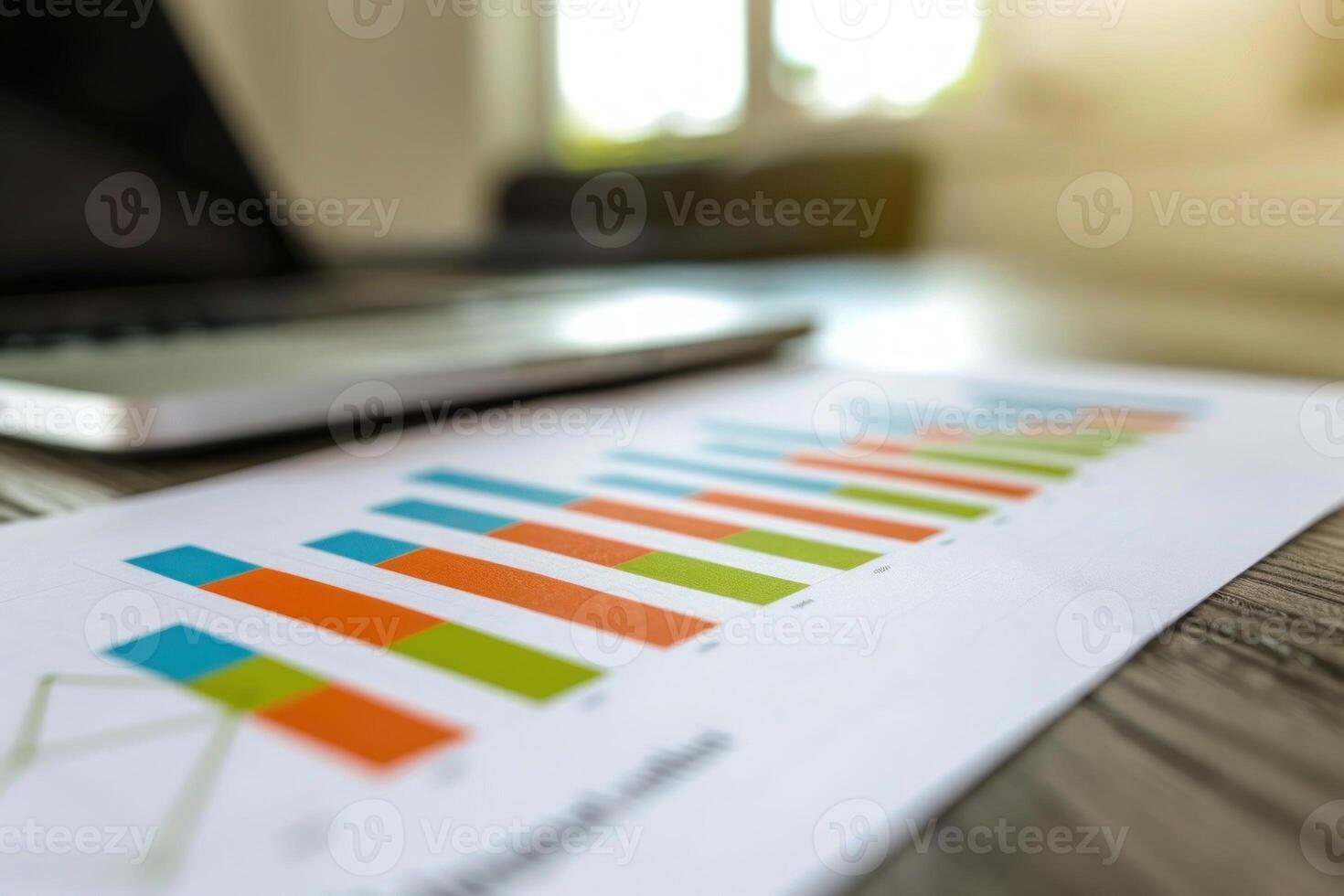 Colorful bar graph on paper with laptop background photo