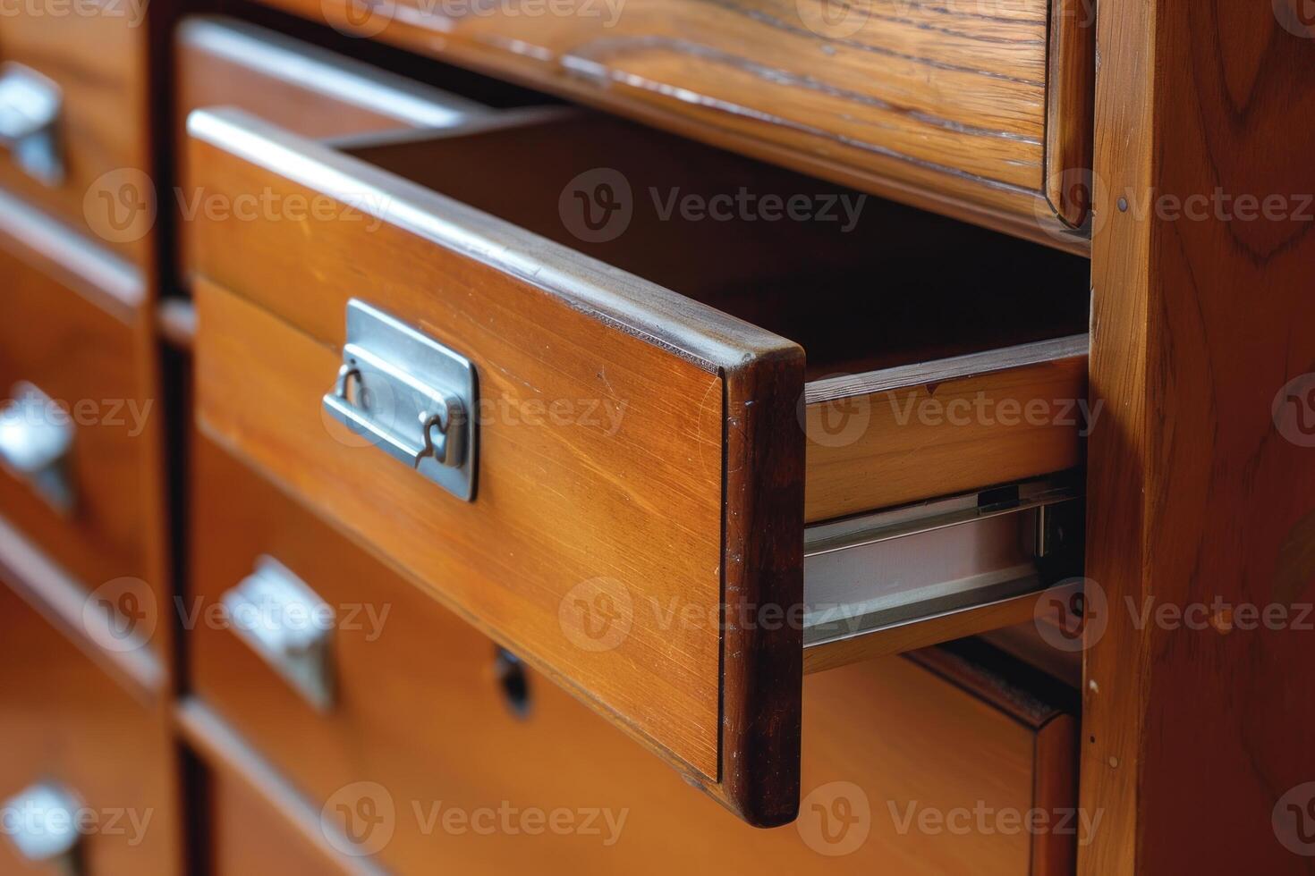 Open wooden drawer in detail photo