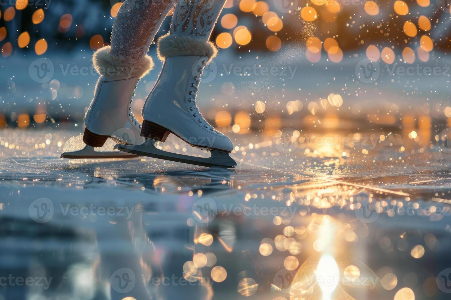 Close up of ice skates on a frozen pond with sparkling lights photo