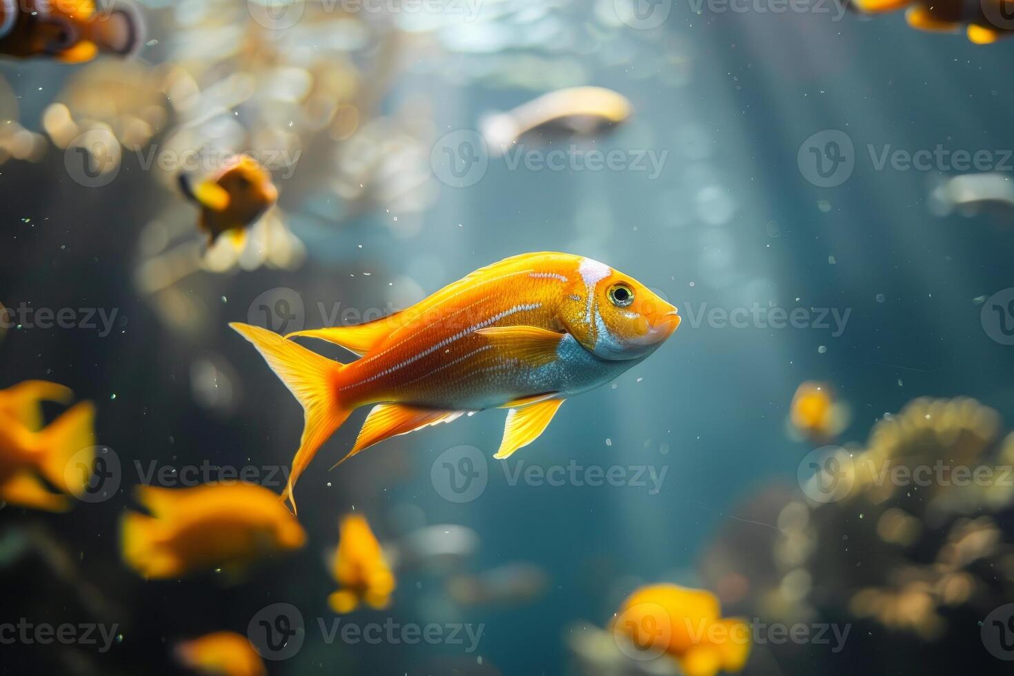 Vivid tropical fish swimming in sunlit waters photo