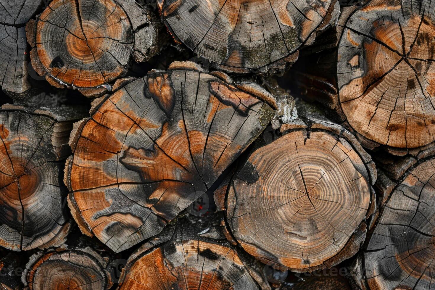 Detailed view of cut wood logs showing annual rings and textures photo