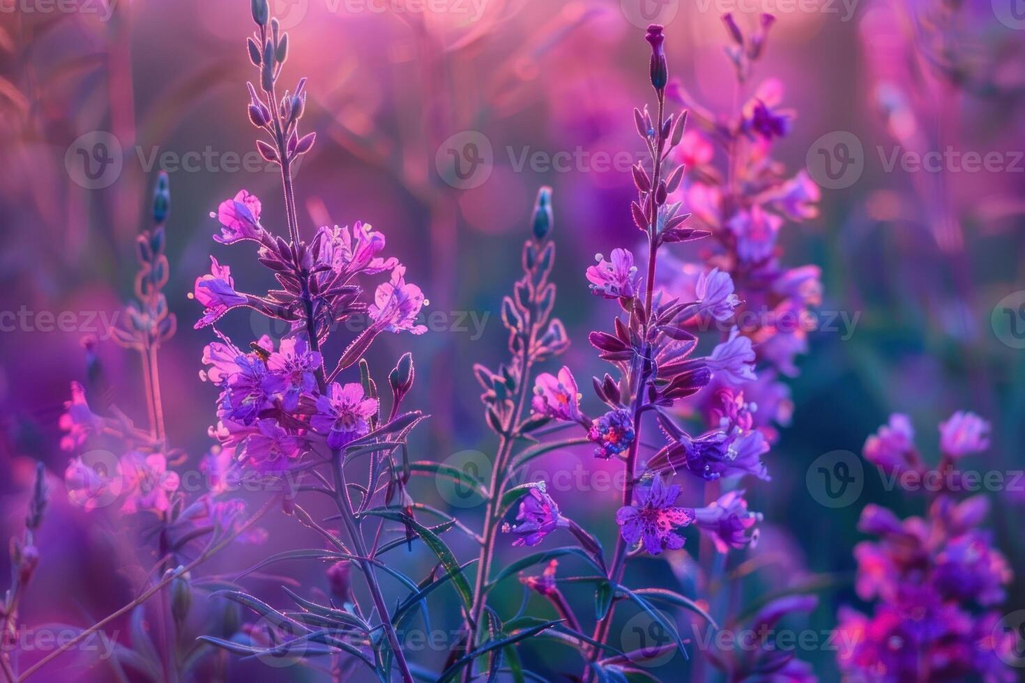 Vibrant flowers bask in the ethereal glow of twilight, exuding a magical aura photo